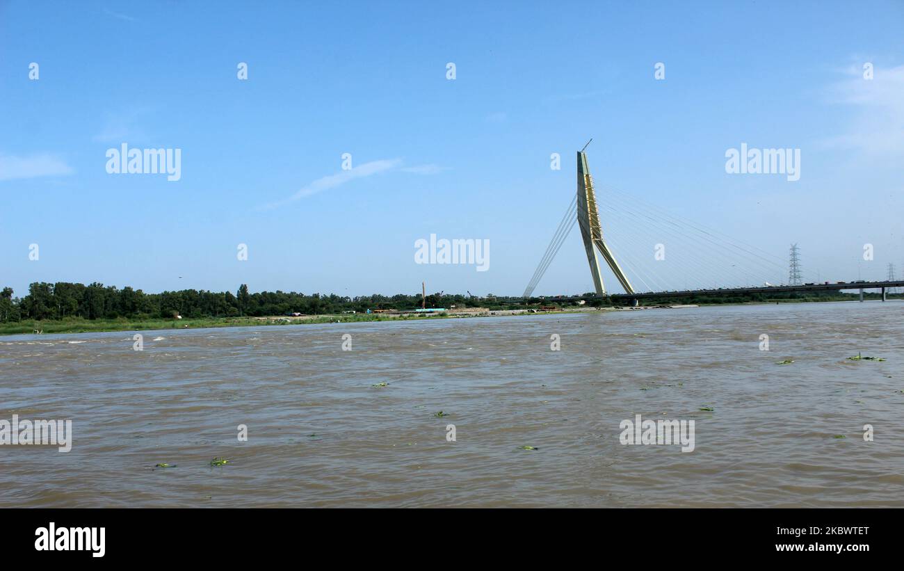 View of river Yamuna at Wazirabad barrage near Signature Bridge after Haryana releases water ahead of monsoon in the national capital New Delhi, India on August 4, 2020. (Photo by Mayank Makhija/NurPhoto) Stock Photo