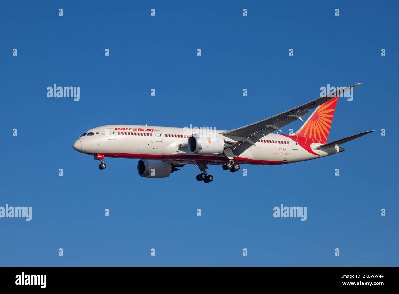 Air India Boeing 787 Dreamliner aircraft as seen on final approach flying for landing at London Heathrow International Airport LHR EGLL in England, United Kingdom on March 19, 2020. The modern and advanced B787-8 airplane has the registration VT-ANM and is powered by 2x GEnx-1B jet engines. AirIndia AI AIC is the flag carrier of India with headquarters at New Delhi and main hub at Delhi Indira Gandhi DEL airport, the airline is government-owned and member of Star Alliance aviation team. On August 7, 2020 an Air India subsidiary, Air India Express flight no AXB1344 had an accident skidded the r Stock Photo