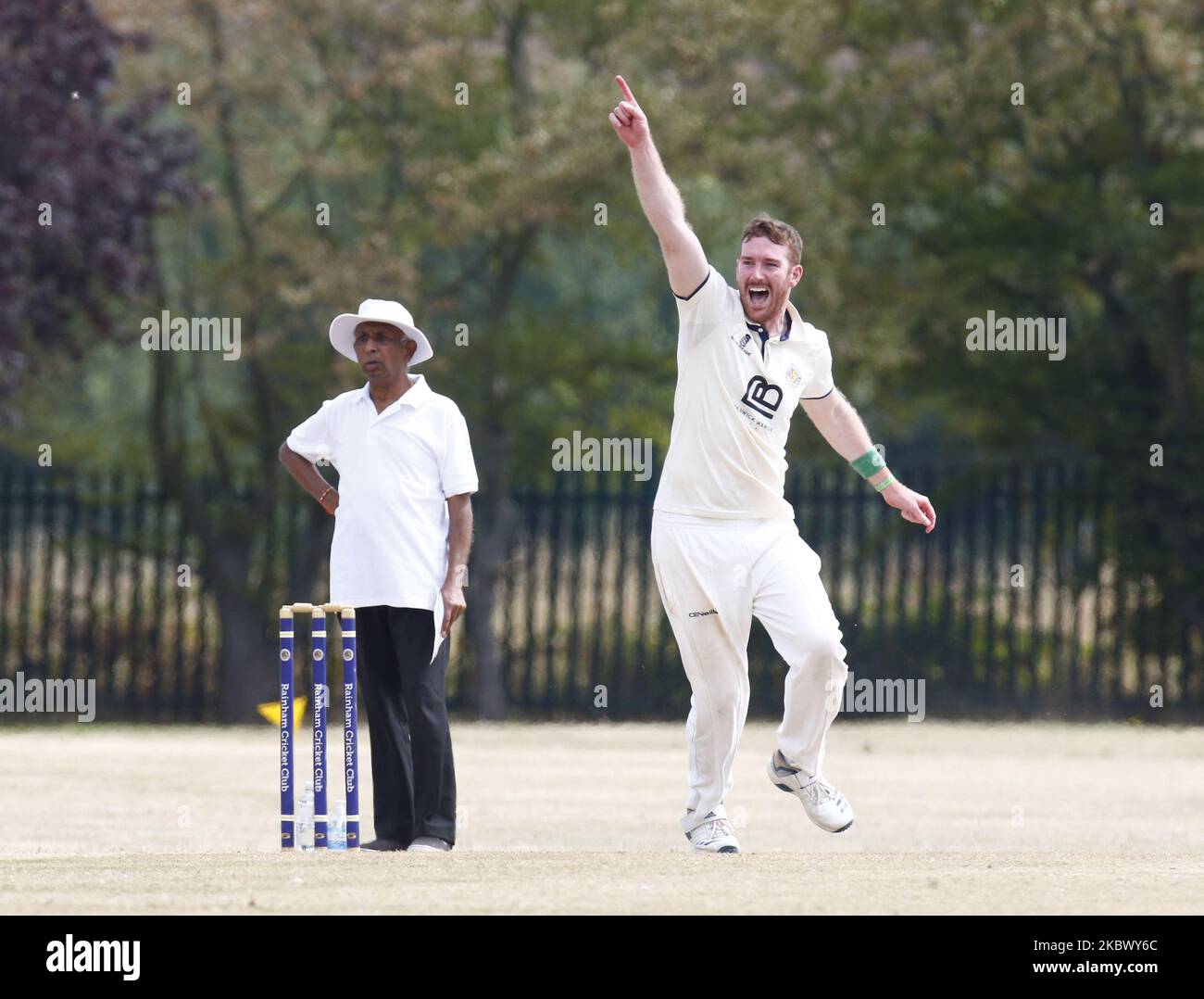 Jon O'Neill of Rainham CC after bowling out Asif Bala of Walthamstow CCduring Shepherd Neame Essex Cricket League Westley Division between Rainham CC and Walthamstow CC at Spring Farm Park, Rainham, UK on August 8, 2020. (Photo by Action Foto Sport/NurPhoto) Stock Photo