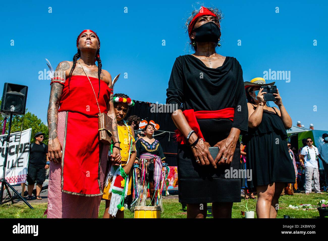 Indigenous people are standing up, during the Demonstration in defense