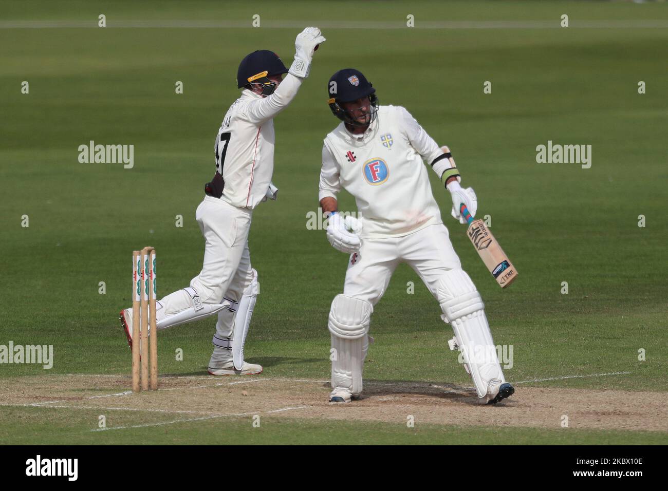 Lancashire's Alex Davies catches Durham's Chris Rushworth at the wicket during the The Bob Willis Trophy match between Durham County Cricket Club and Lancashire at Emirates Riverside, Chester le Street, England, on August 10, 2020. (Photo by Mark Fletcher/MI News/NurPhoto) Stock Photo