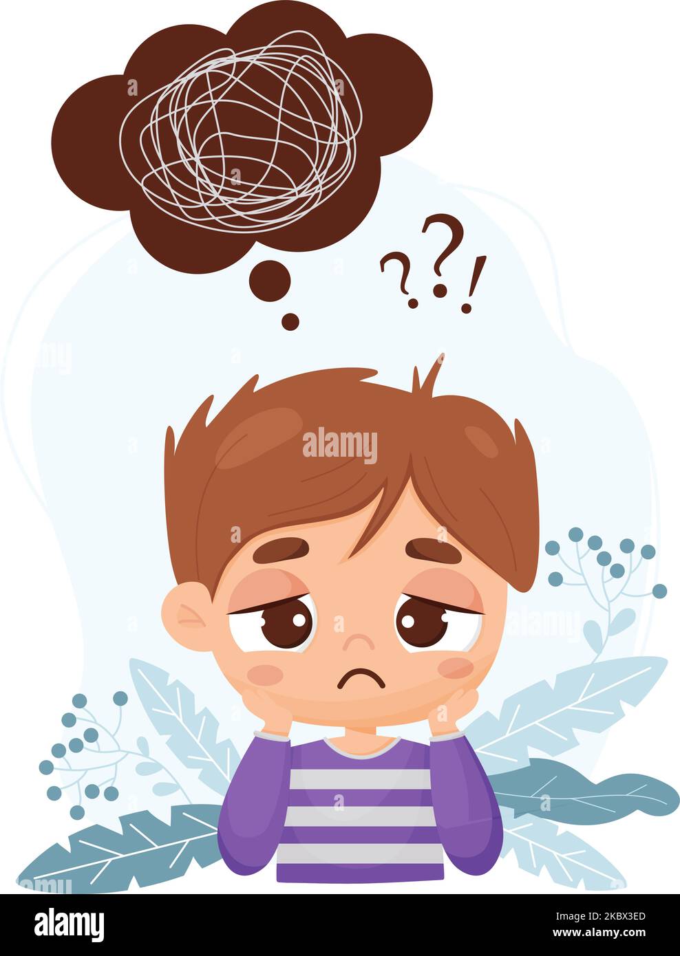 Sad pensive boy and bubble with confused thoughts and questions, search