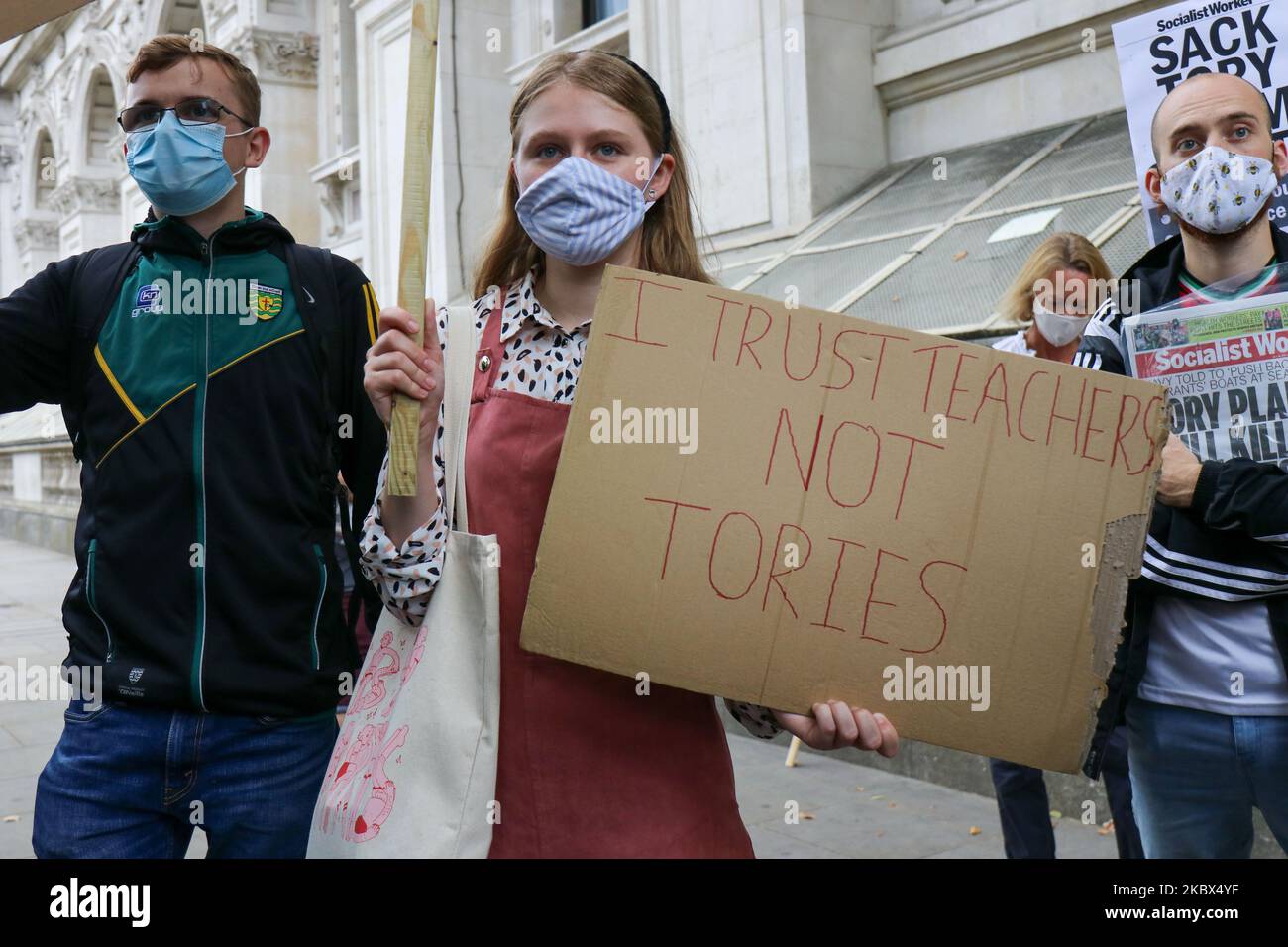 A Level students protest outside Downing Street, London, UK, on Agust 14, 2020. Exams were cancelled due to Covid-19 and grades were calculated using teacher's predictions and a formula to standardise results across schools, 39.1% of teachers' estimates for pupils were adjusted down by one grade or more which amounts to around 280,000 entries. (Photo by Lucy North/MI News/NurPhoto) Stock Photo