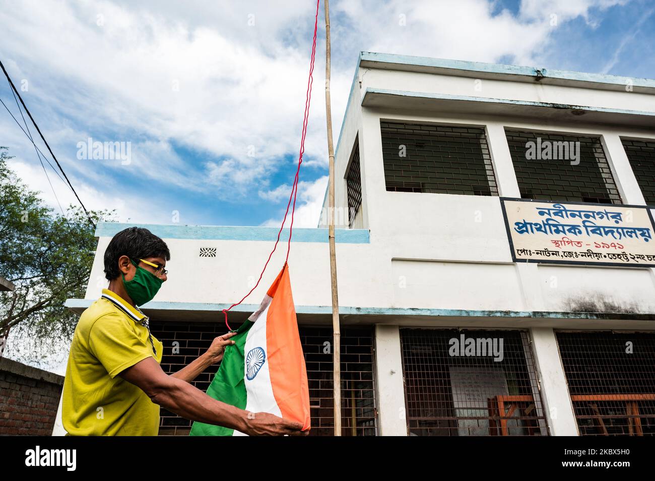National flag hoisting in an empty school in Tehatta, Nadia, West