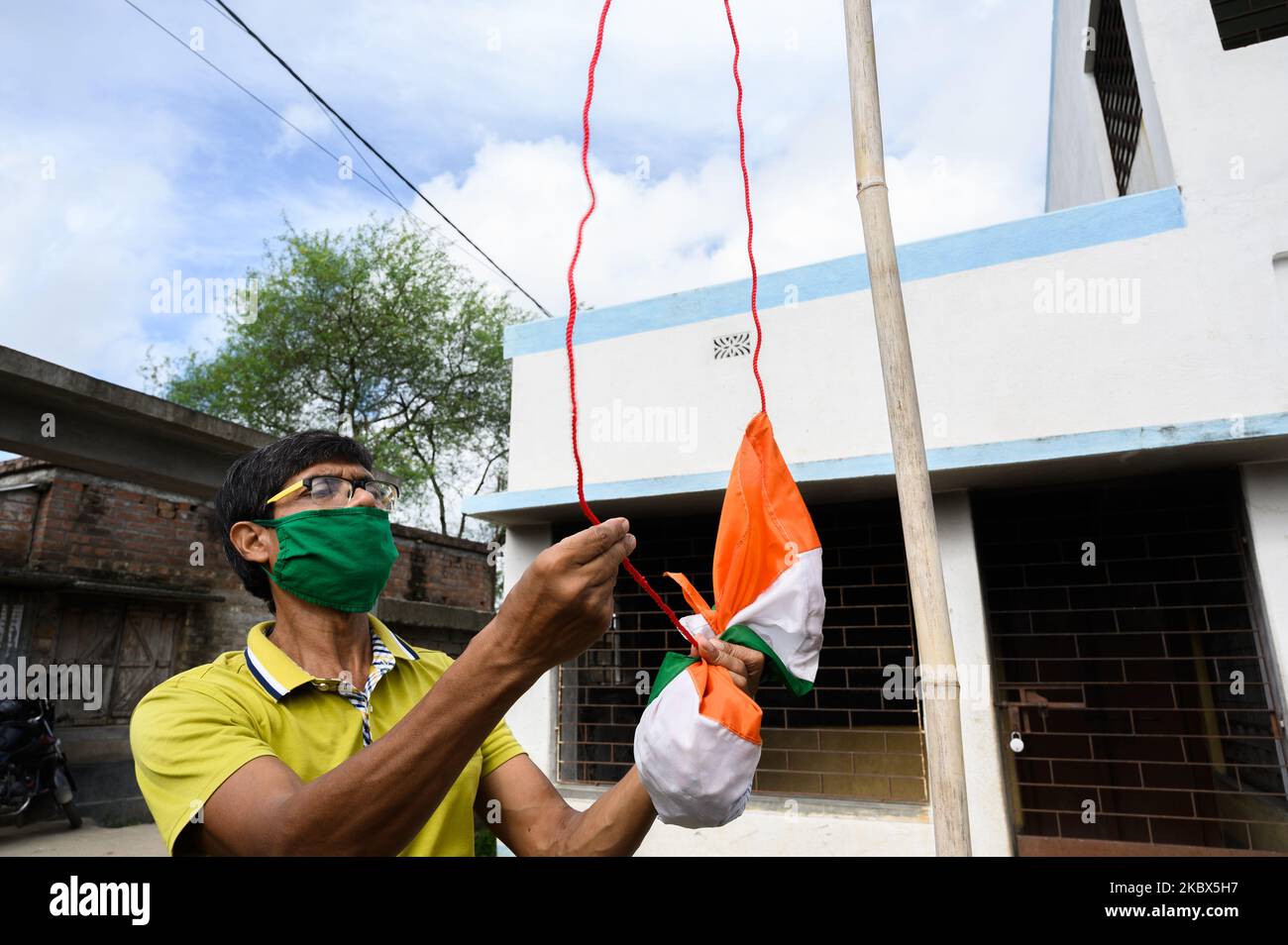 National flag hoisting in an empty school in Tehatta, Nadia, West