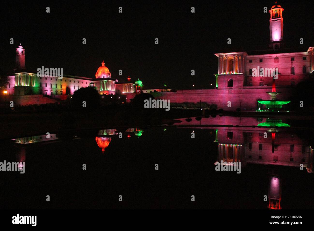 A view of illuminated Rashtrapati Bhavan including North block and