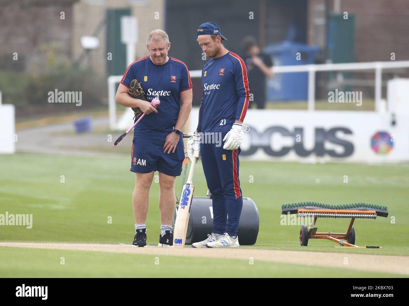 HOVE, United Kingdom, AUGUST 15:L-R Coach Anthony McGrath and Essex's Tom Westley looking at the wicket during day one of Bob Willis Trophy Southern Group between Sussex CCC and Essex CCC at 1st Central County Ground, Brighton and Hove, England on 15th August, 2020 (Photo by Action Foto Sport/NurPhoto) Stock Photo