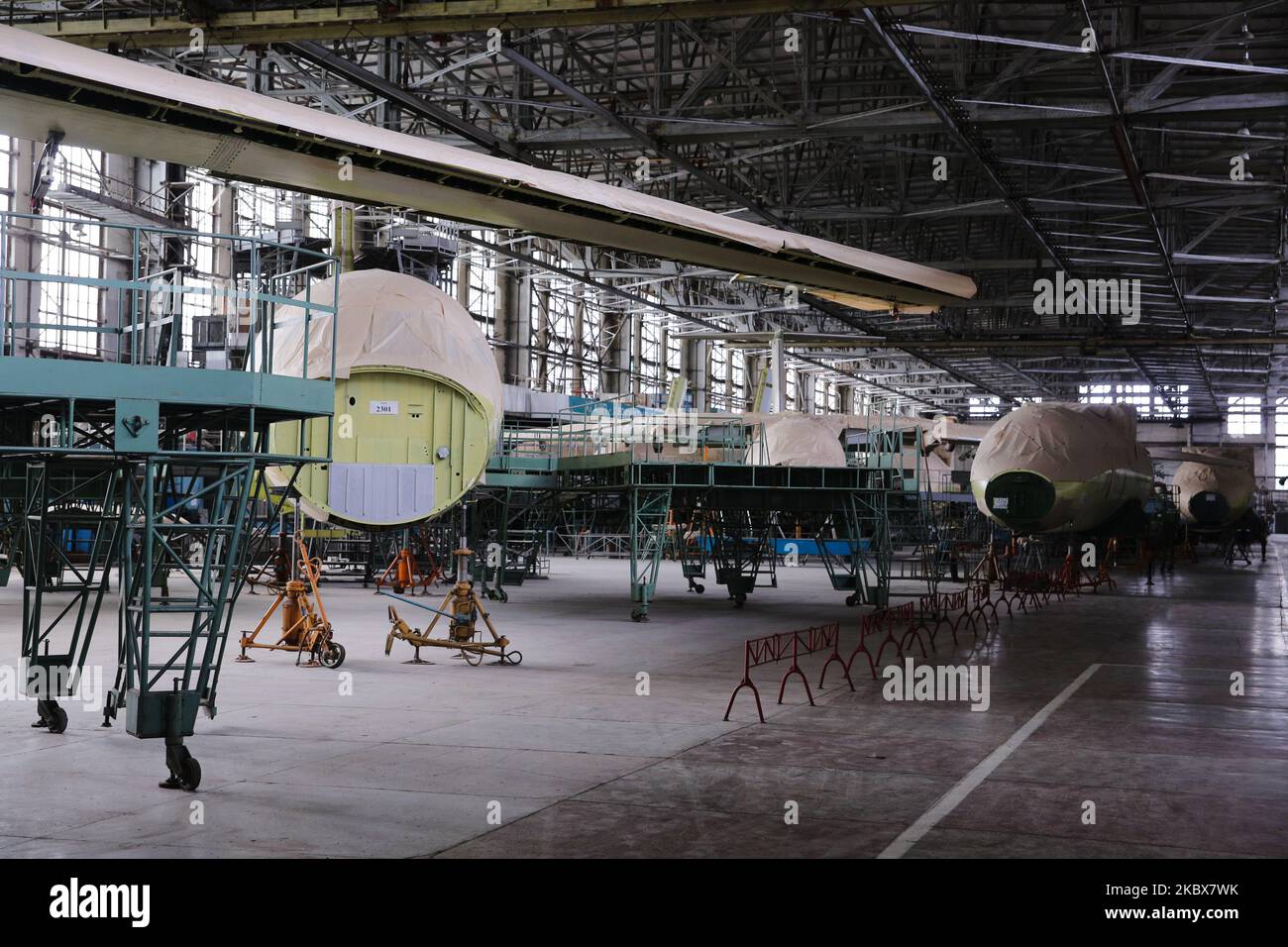 Employees of Kharkiv State Aircraft Manufacturing Company work at the factory in Kharkiv, Ukraine, August 13, 2020. (Photo by Sergii Kharchenko/NurPhoto) Stock Photo