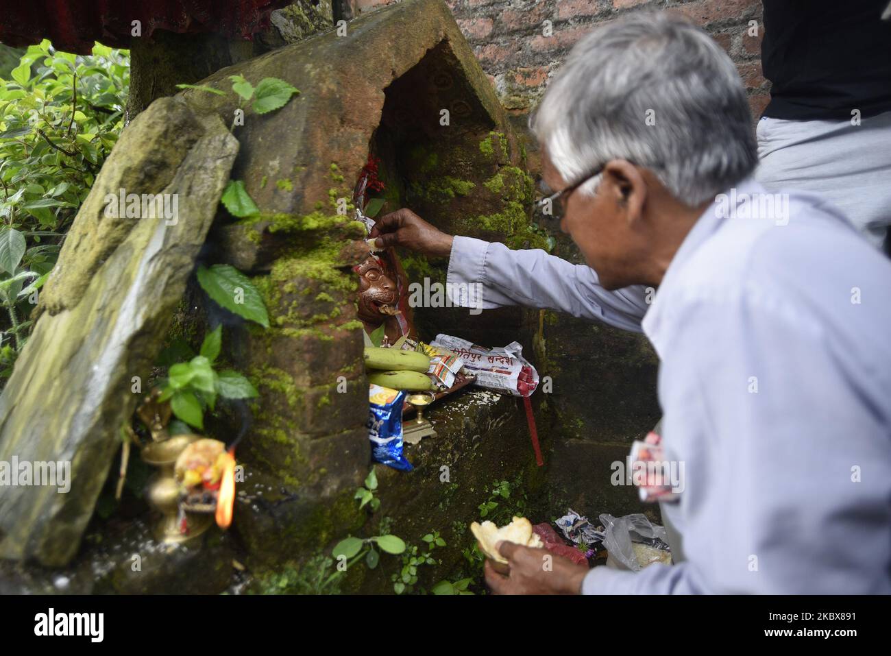 Nepalese devotees offering rituals towards an idol statue of Bagh ...