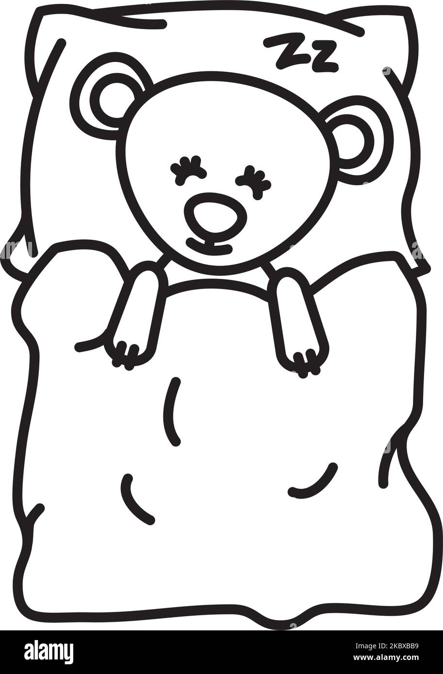 Cute teddy bear sleeping on pillow and under blanket vector line icon