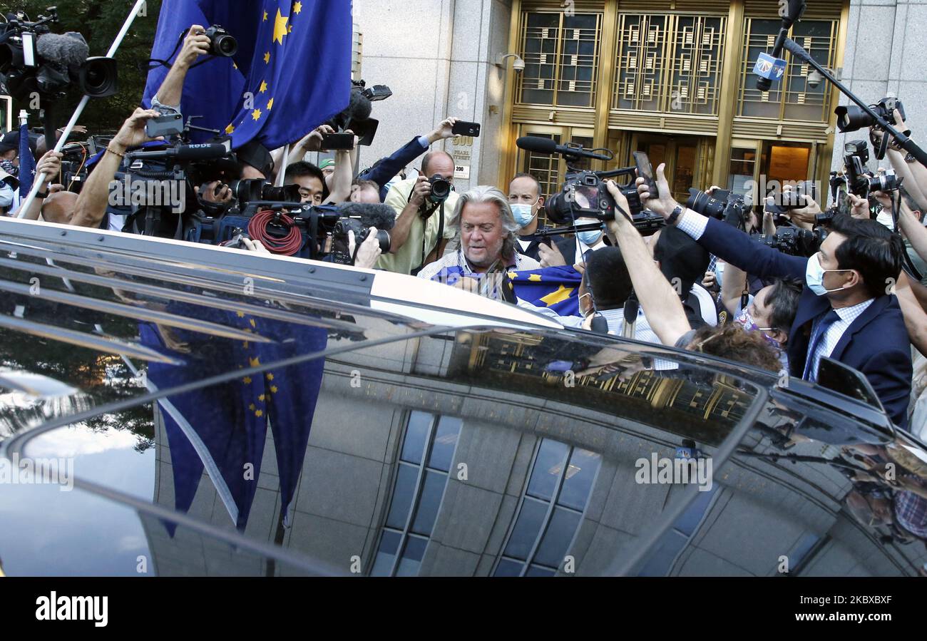 Former Chief Strategist for US President Donald Trump, Stephen Bannon exits Manhattan Federal Court on August 20 ,2020, in New York City USA. Bannon was arraigned on fraud charges that he and three others used money from his group ''We Build The Wall'' for personal expenses. (Photo by John Lamparski/NurPhoto) Stock Photo