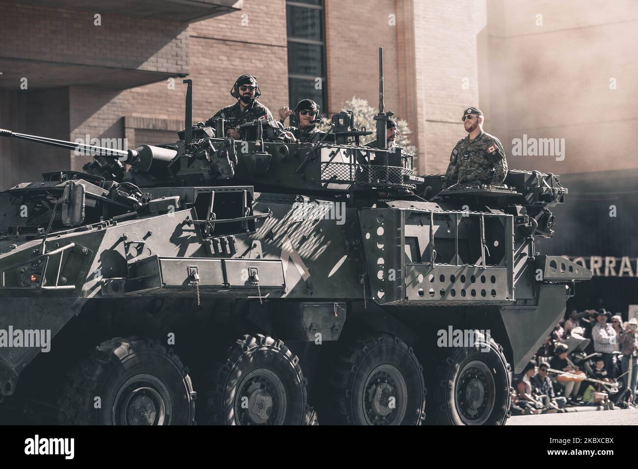 The Canadian military forces in an 8x8 Light Armoured Vehicle during the parade in Calgary