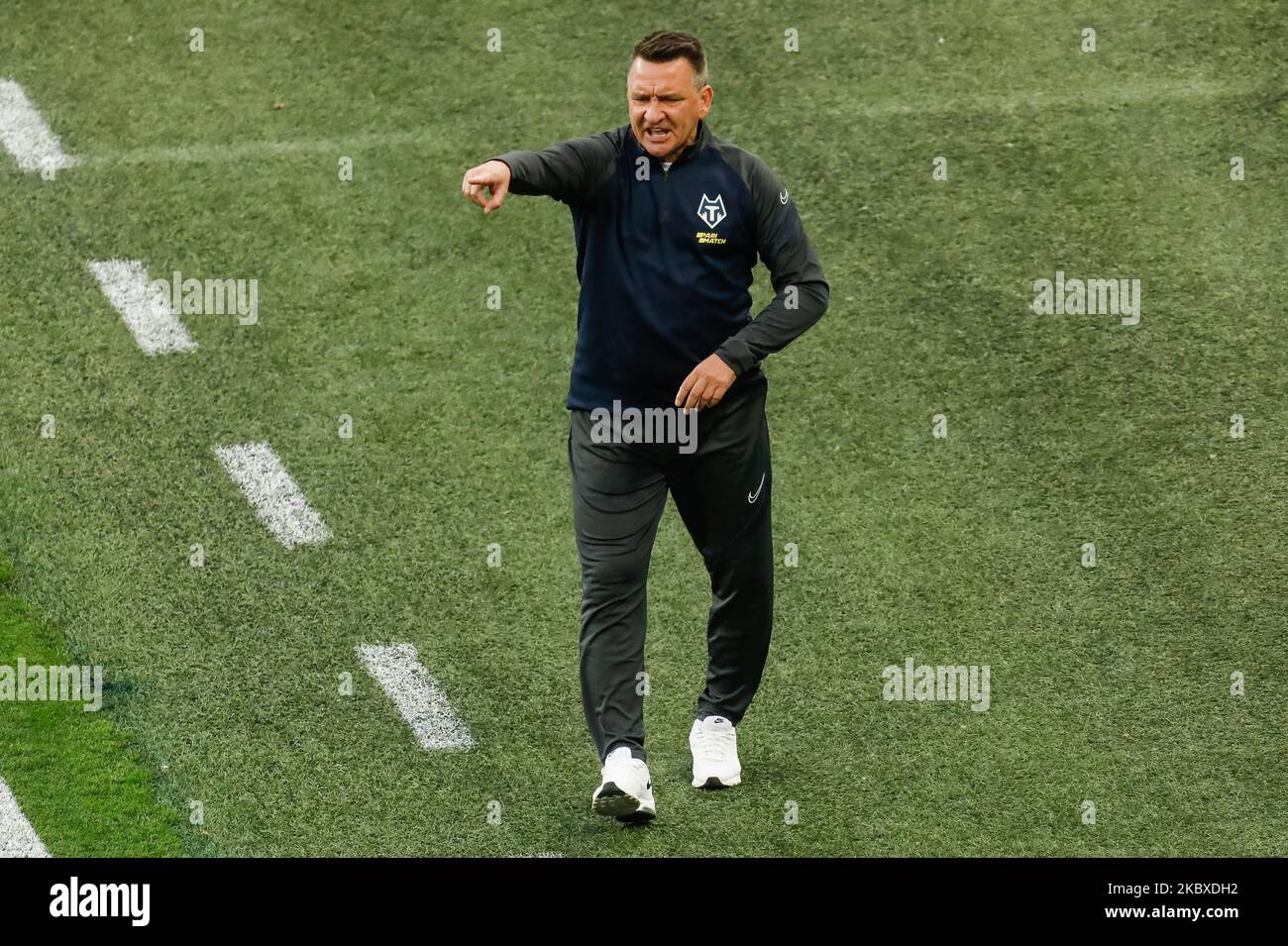 Tambov head coach Sergei Pervushin gestures during the Russian Premier League match between FC Zenit Saint Petersburg and FC Tambov on August 22, 2020 at Gazprom Arena in Saint Petersburg, Russia. (Photo by Mike Kireev/NurPhoto) Stock Photo
