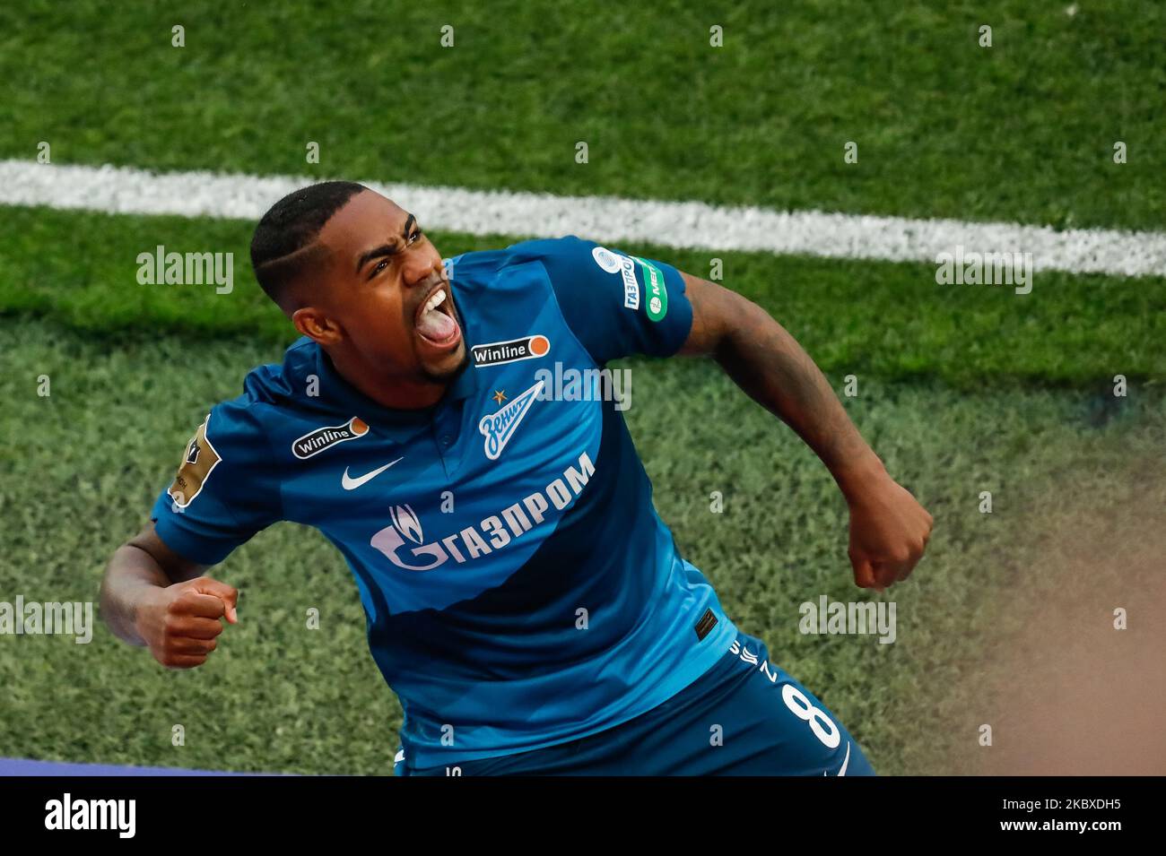Malcom of Zenit Saint Petersburg celebrates his goal during the Russian Premier League match between FC Zenit Saint Petersburg and FC Tambov on August 22, 2020 at Gazprom Arena in Saint Petersburg, Russia. (Photo by Mike Kireev/NurPhoto) Stock Photo