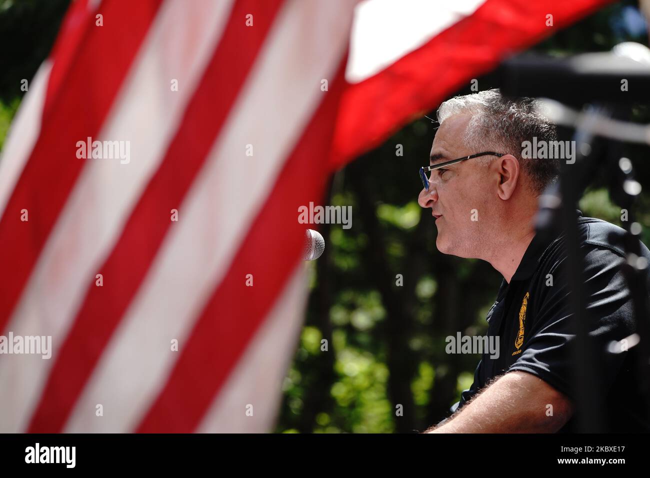SBA Vice President, Vincent Vallelong gives an impassioned sppech as Artist Scott Lobaido Hosts Rally to Ousts NYC Mayor Bill Di Blasio outside NYC City Hall on August 22, 2020 (Photo by John Nacion/NurPhoto) Stock Photo