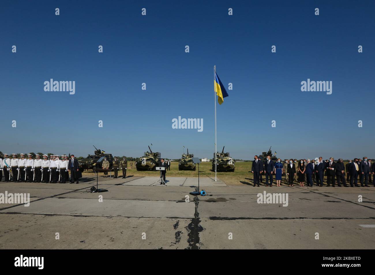 President Volodymyr Zelenskyy has a speech in front of he soldiers at Vasylkiv military base near Kyiv, Ukraine, August 23, 2020. Ukraine celebrates The National Flag Day. State authorities visit military base. (Photo by Sergii Kharchenko/NurPhoto) Stock Photo