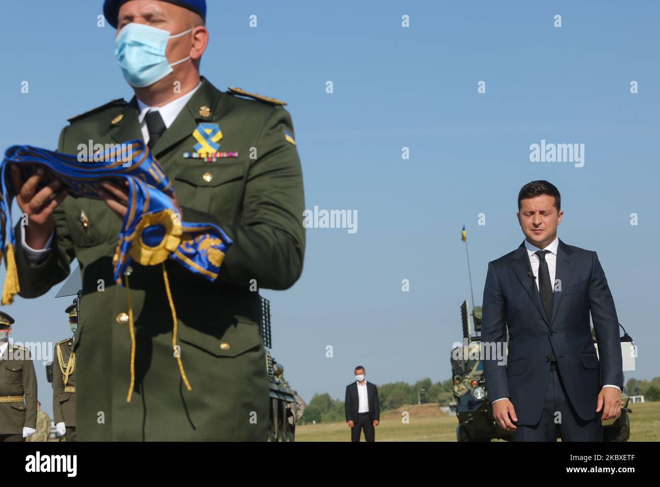 President of Ukraine Volodymyr Zelenskyy hands over military flags to newly created units at Vasylkiv military base near Kyiv, Ukraine, August 23, 2020. Ukraine celebrates The National Flag Day. State authorities visit military base. (Photo by Sergii Kharchenko/NurPhoto) Stock Photo