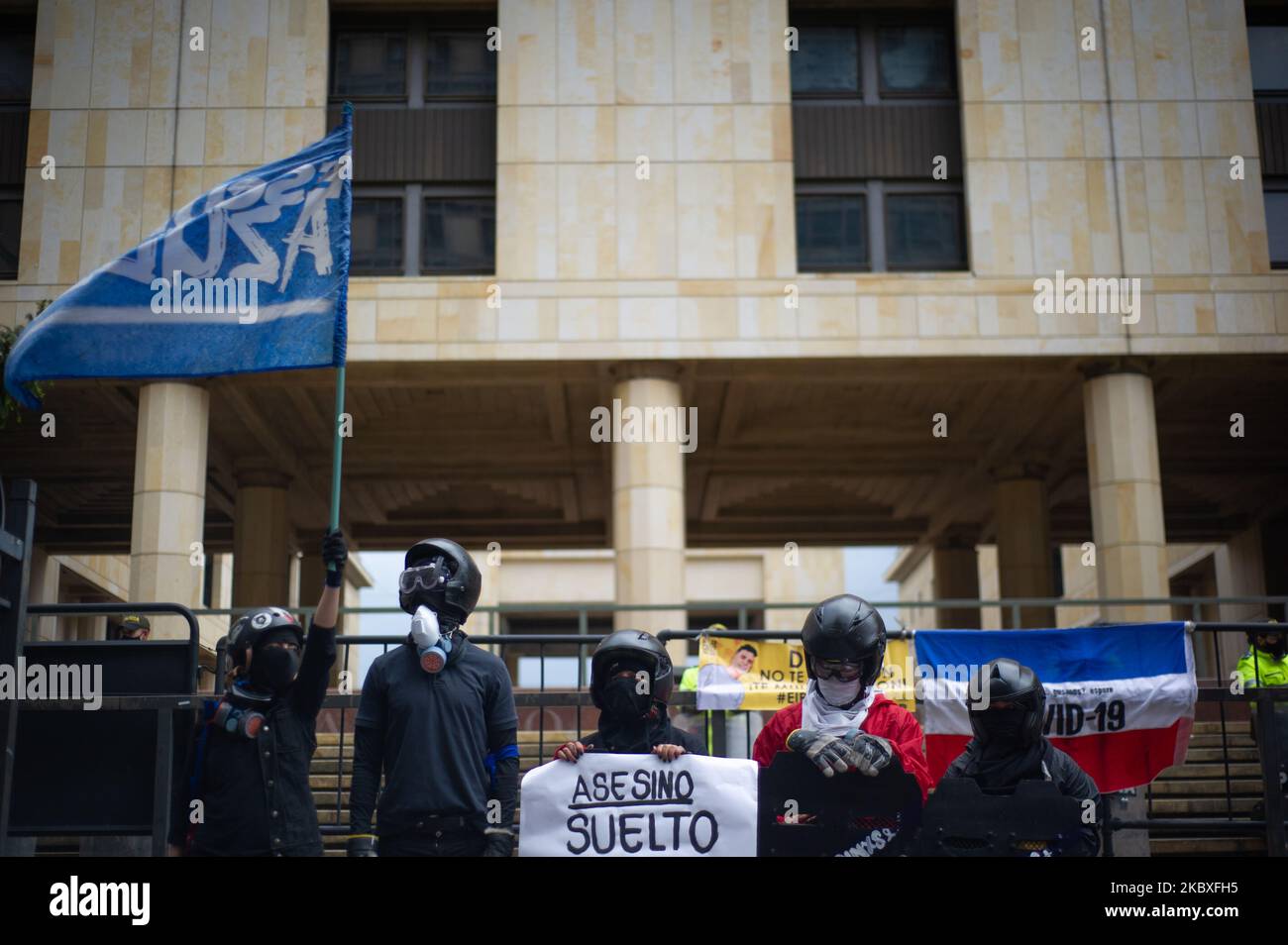A group of demonstrators called 'escudos azules' (Blue Shields) guard the Dinal Cruz Memorial Demonstration on August 23, 2020, in Bogota, Colombia. Dilan Cruz was a high school student who was shot by a riot police officer during the 2019 national strike in Colombia, on the demonstrations that took place on november 23 2019. (Photo by Sebastian Barros/NurPhoto) Stock Photo