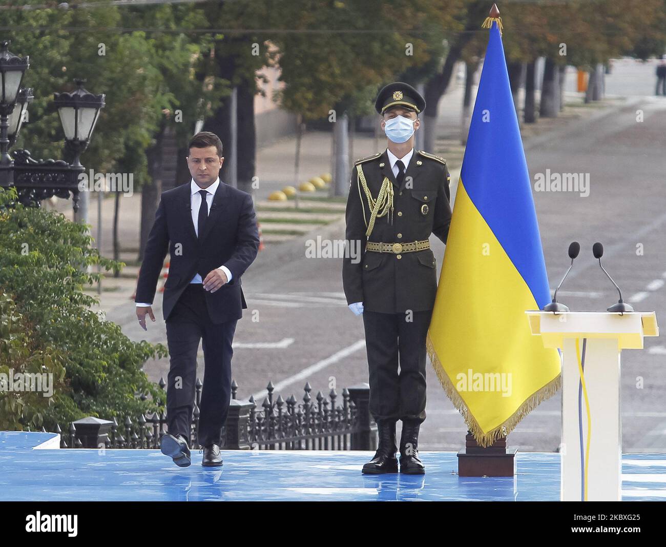 Ukrainian President Volodymyr Zelensky walks during a ceremony of the ...