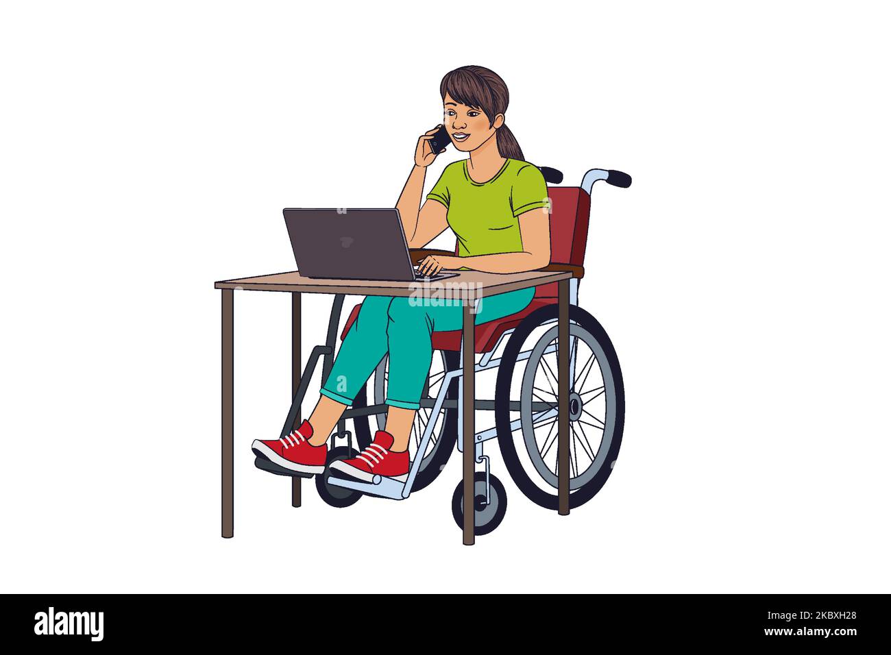 A disabled girl in a wheelchair works with a computer and phone at the ...