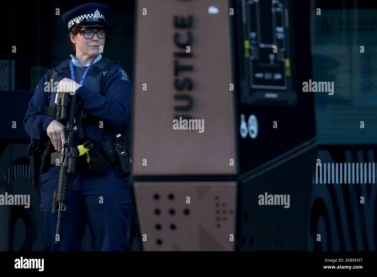 An armed police officer stands guard outside Christchurch High CourtÂ prior to the second day of the four-day sentencing hearing of Brenton Harrison Tarrant in Christchurch, New Zealand, on August 25, 2020. Australian white supremacist Tarrant, 29, who carried out the attack on two mosques on 15 March 2019, will be sentenced on 51 counts of murder, 40 of attempted murder and one charge under the Terrorism Suppression Act. (Photo by Sanka Vidanagama/NurPhoto) Stock Photo