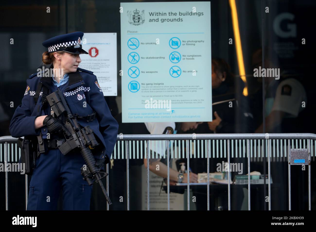 An armed police officer stands guard outside Christchurch High CourtÂ prior to the second day of the four-day sentencing hearing of Brenton Harrison Tarrant in Christchurch, New Zealand, on August 25, 2020. Australian white supremacist Tarrant, 29, who carried out the attack on two mosques on 15 March 2019, will be sentenced on 51 counts of murder, 40 of attempted murder and one charge under the Terrorism Suppression Act. (Photo by Sanka Vidanagama/NurPhoto) Stock Photo
