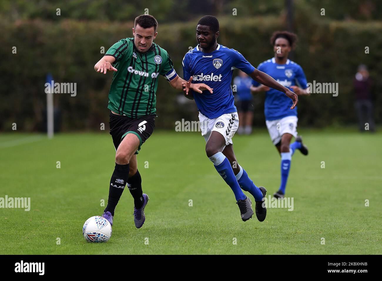 Oldham Athletic's Junior Luambo and Rochdale's Eoghan O'Connell during the Pre-season Friendly match between Oldham Athletic and Rochdale at Chapel Road, Oldham, England on August 25, 2020. (Photo by Eddie Garvey/MI News/NurPhoto) Stock Photo