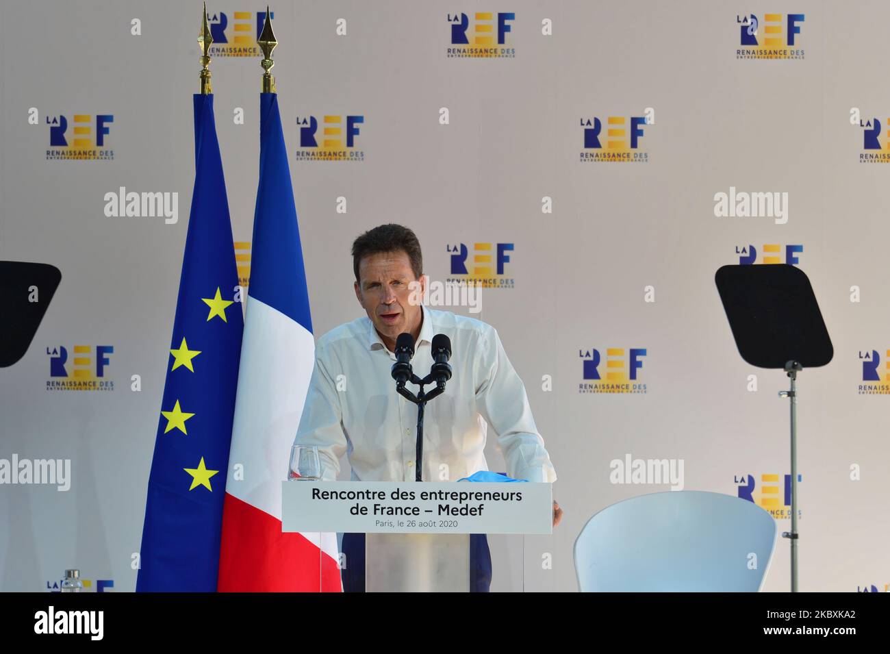 Medef President Geoffroy Roux de Bezieux delivers the openning speech at the meeting of French employers' association Medef themed 'The Renaissance of French Companies' on August 26, 2020, in Paris, France. (Photo by Daniel Pier/NurPhoto) Stock Photo