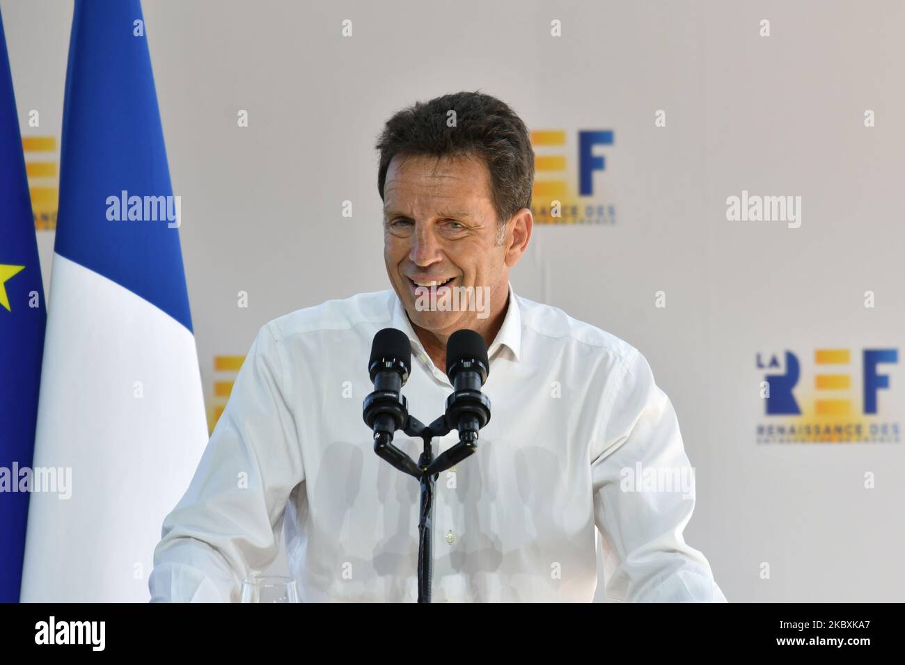 Medef President Geoffroy Roux de Bezieux delivers the openning speech at the meeting of French employers' association Medef themed 'The Renaissance of French Companies' on August 26, 2020, in Paris, France. (Photo by Daniel Pier/NurPhoto) Stock Photo