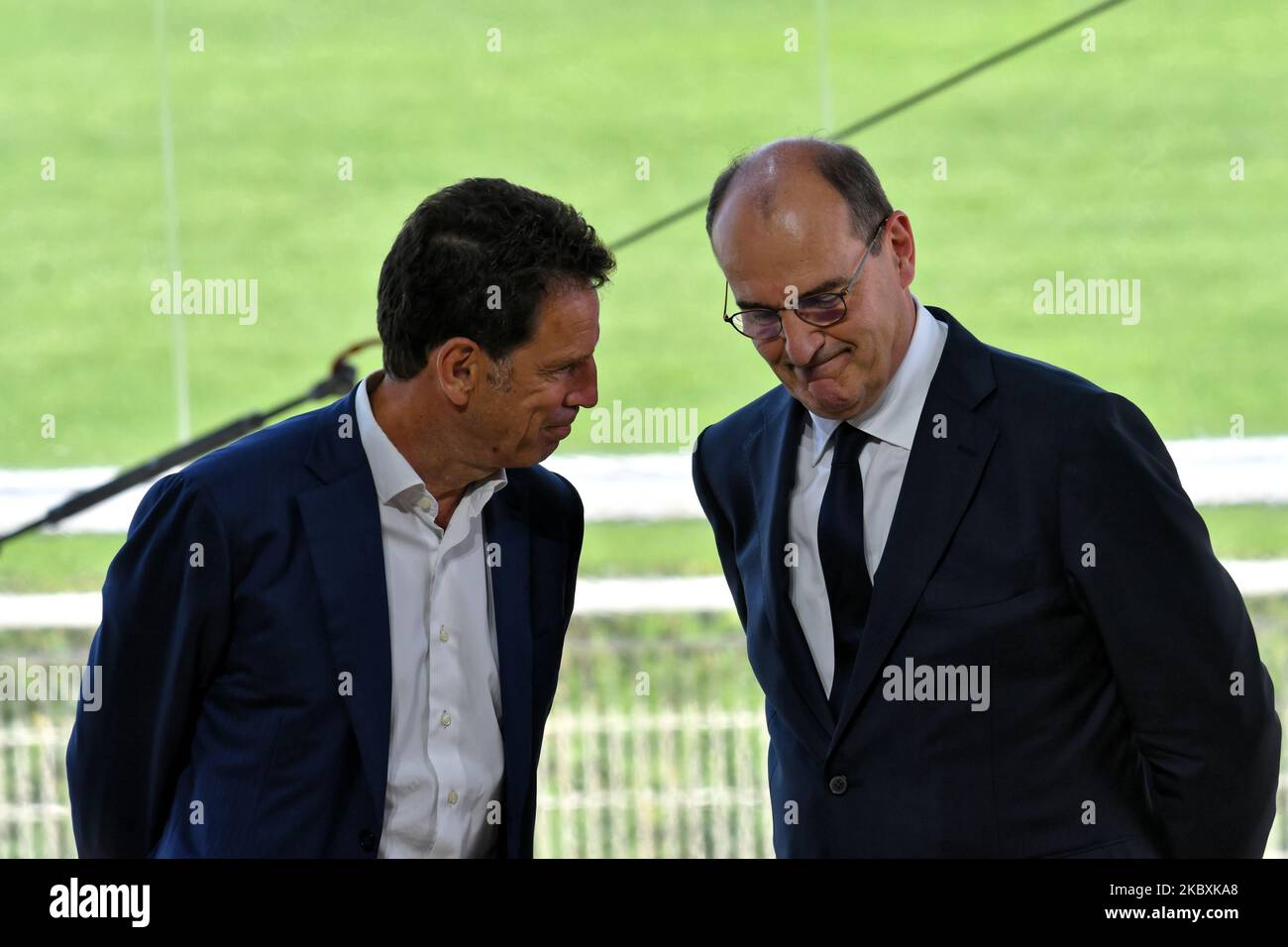 Medef President Geoffroy Roux de Bezieux (L) and French Prime Minister Jean Castex (R) speak during the meeting of French employers' association Medef themed 'The Renaissance of French Companies' on August 26, 2020, in Paris, France. (Photo by Daniel Pier/NurPhoto) Stock Photo