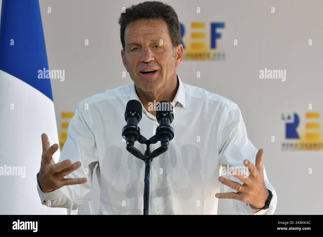 Medef President Geoffroy Roux de Bezieux delivers the openning speech at the meeting of French employers' association Medef themed 'The Renaissance of French Companies' on August 26, 2020, in Paris, France. (Photo by Daniel Pier/NurPhoto) Stock Photo