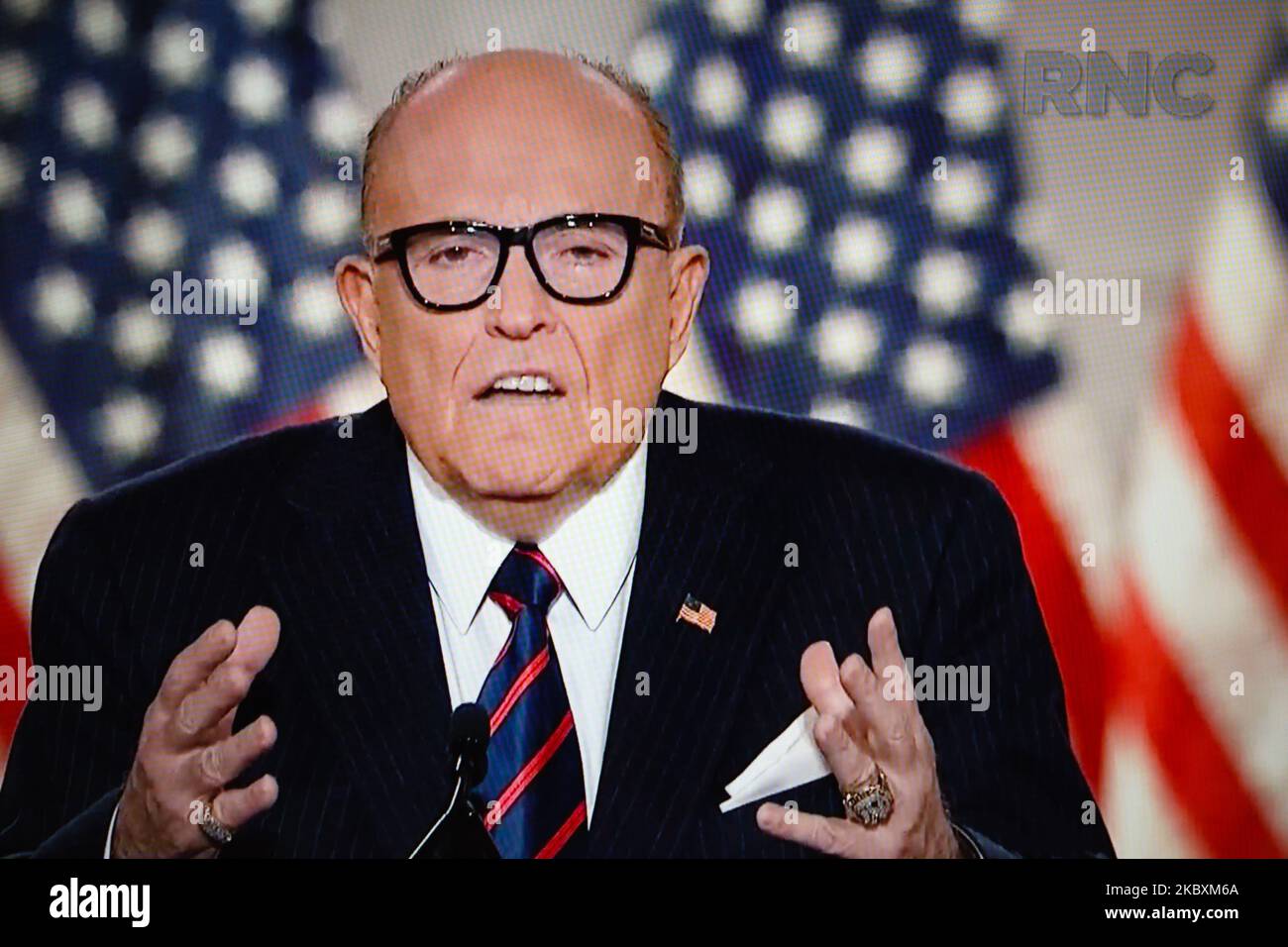 Former Mayor of New York City Rudy Giuliani addresses the final night of the 2020 Republican National Convention, livestreamed online and viewed by laptop from London, England, on August 28, 2020. America's election season is set to intensify over the coming weeks, with a first debate between President Trump and his Democratic challenger, former Vice President Joe Biden, scheduled for September 29. (Photo by David Cliff/NurPhoto) Stock Photo