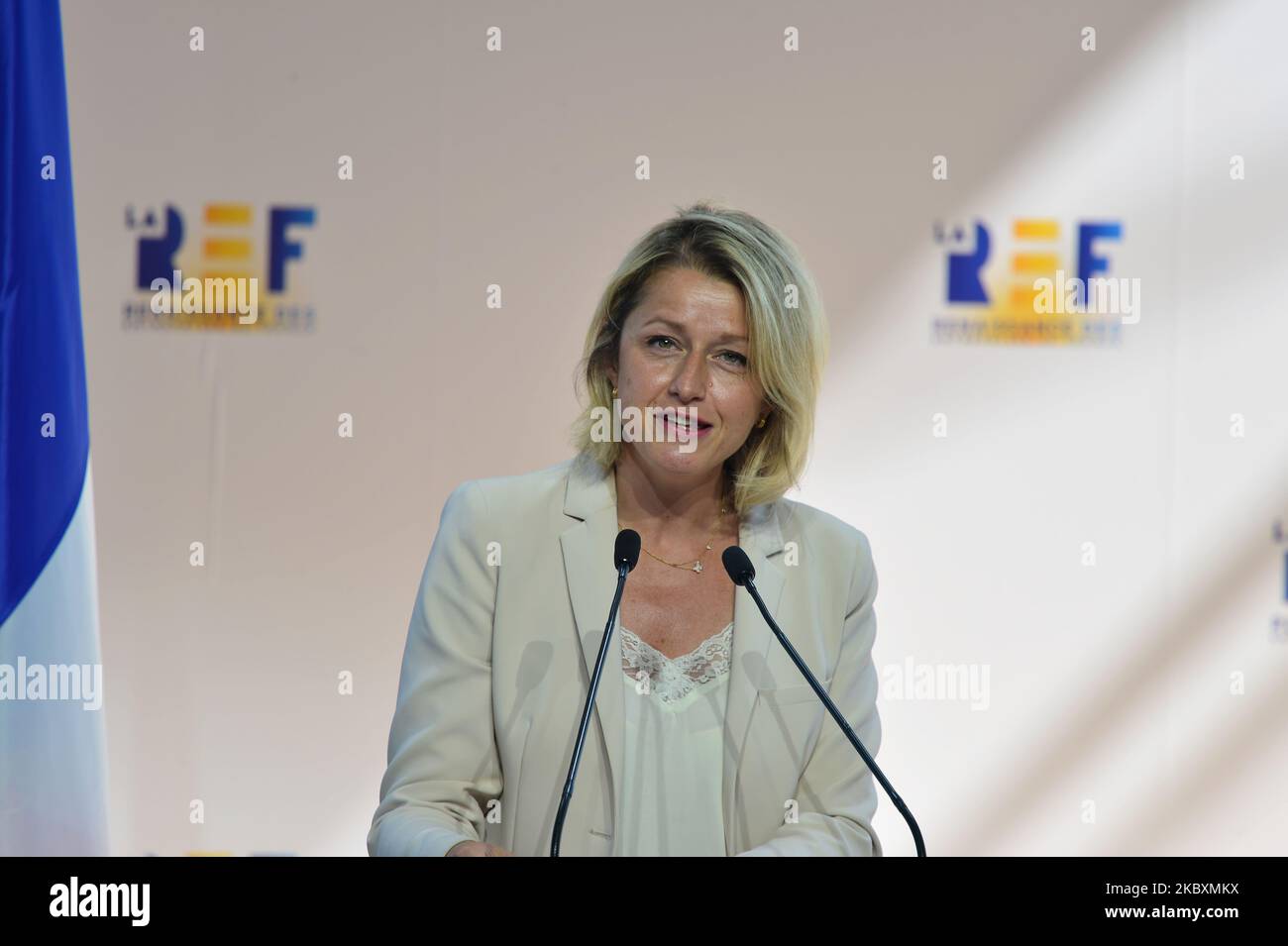 French Ecological Transition Minister Barbara Pompili attends at the meeting of French employers' association Medef themed 'The Renaissance of French Companies' - August 27, 2020, Paris (Photo by Daniel Pier/NurPhoto) Stock Photo