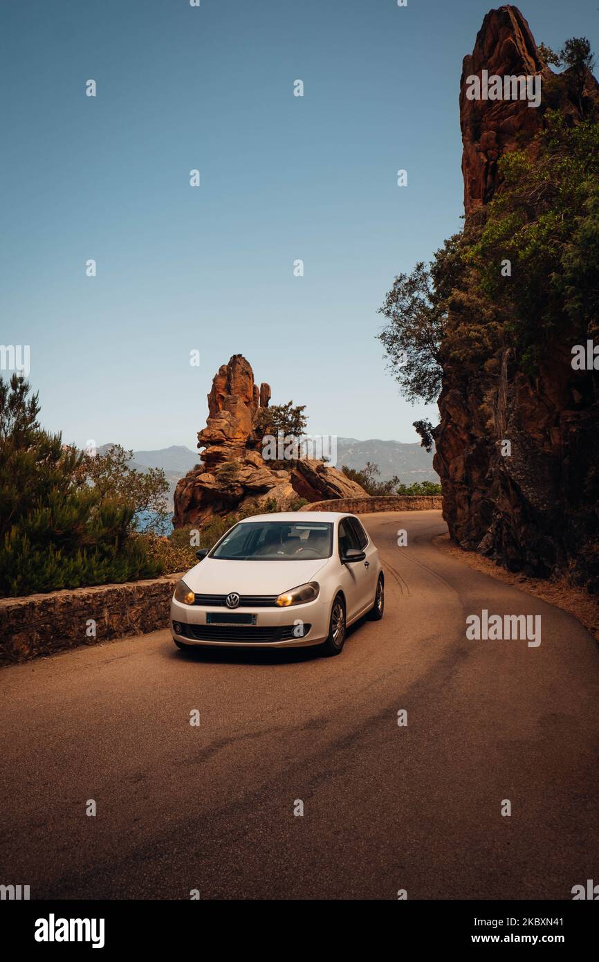 A car on the road in Calanques de Piana in Corsica, France Stock Photo Alamy