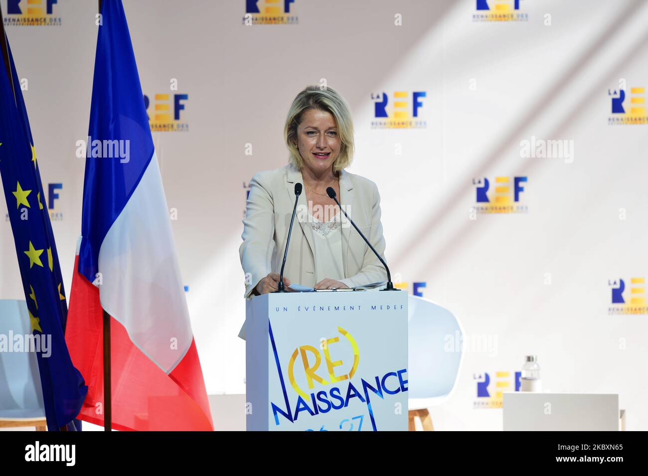 French Ecological Transition Minister Barbara Pompili attends at the meeting of French employers' association Medef themed 'The Renaissance of French Companies' on August 27, 2020, in Paris, France. (Photo by Daniel Pier/NurPhoto) Stock Photo