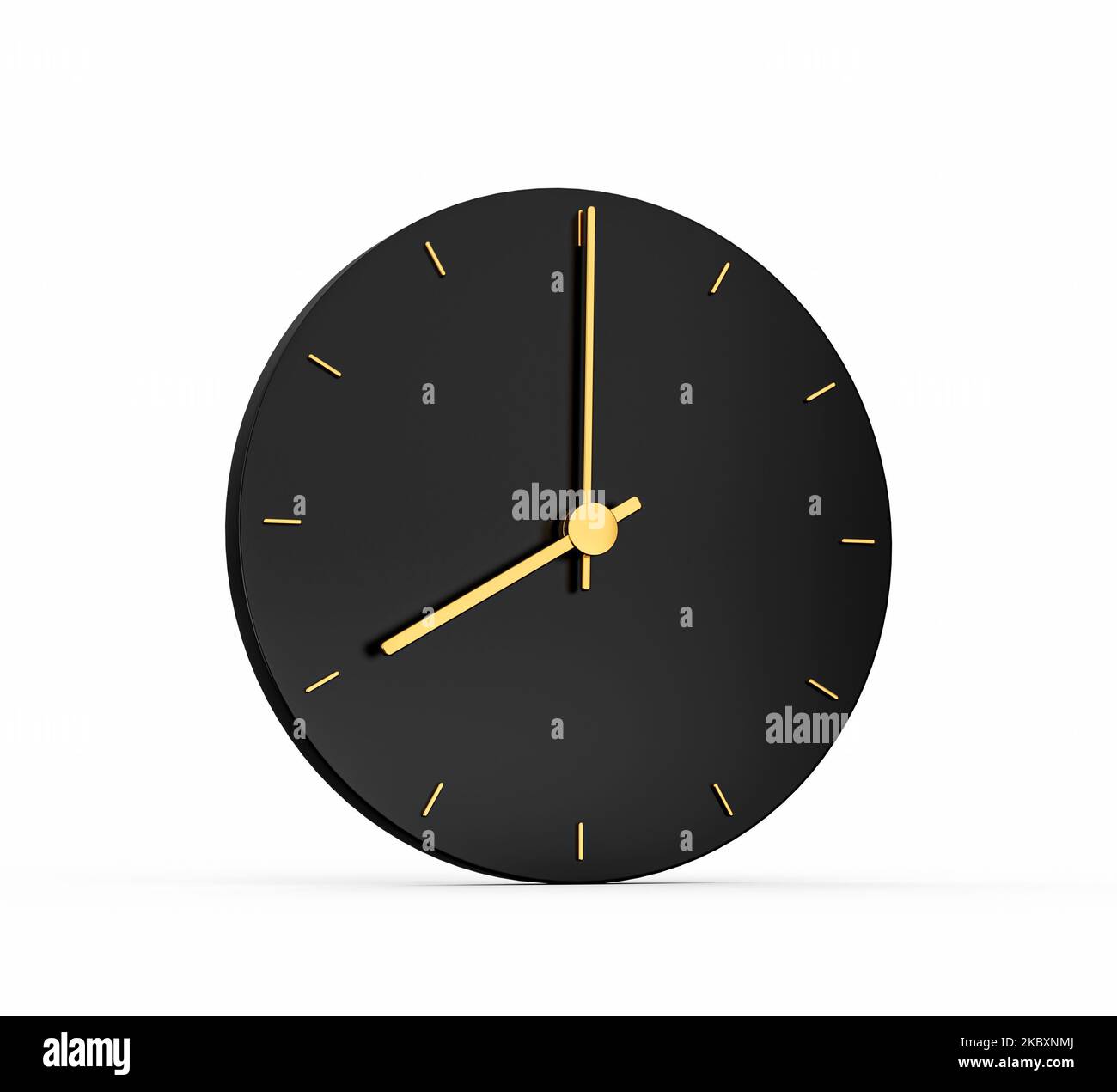 A 3d illustration of a black and gold clock over a white background