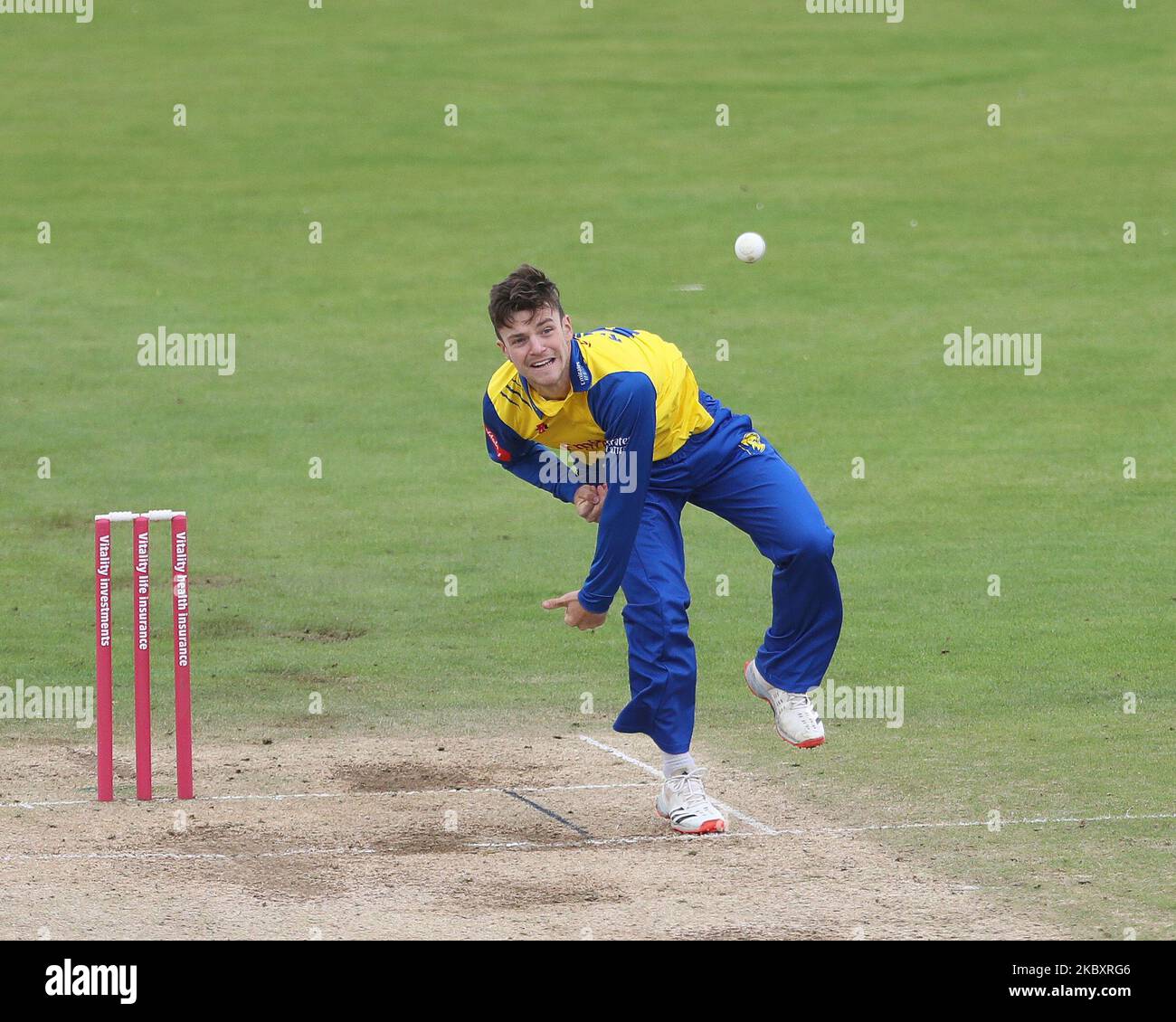 Liam Trevaskis of Durham bowling during the Vitality Blast T20 match between Durham County Cricket Club and Nottinghamshire at Emirates Riverside, Chester le Street on Saturday 29th August 2020. (Photo by Mark Fletcher/MI News/NurPhoto) Stock Photo