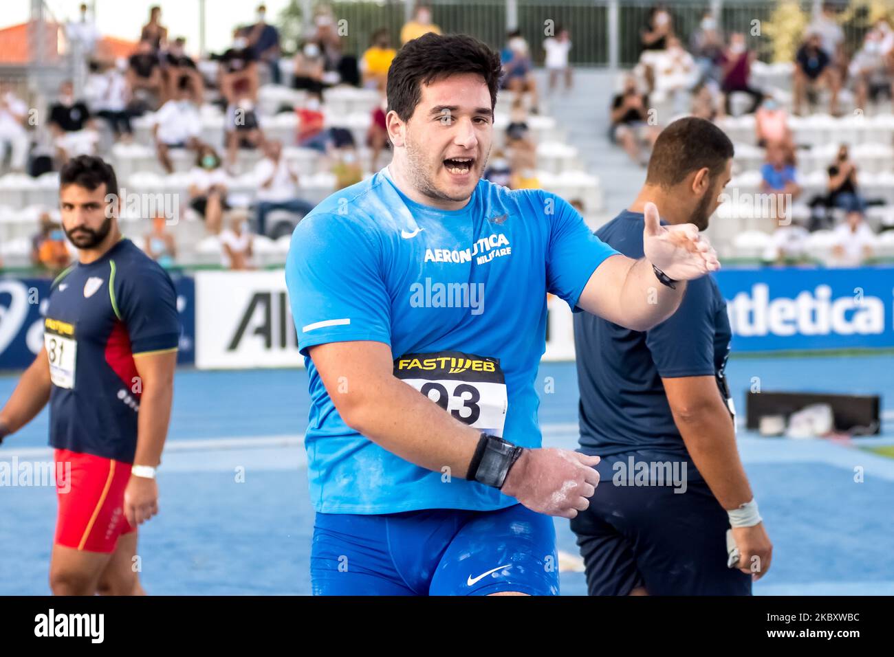 Leonardo Fabbri rejoices after throwing 21.99 meters in the Shot Put