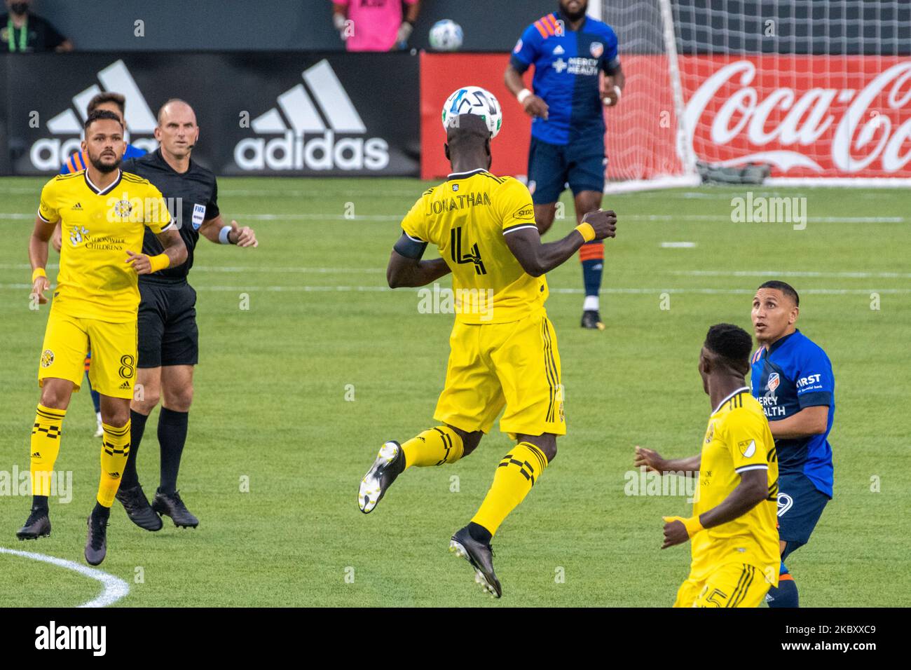 Columbus Crew defender Jonathan Mensah heads a ball during a MLS soccer match between FC Cincinnati and Columbus Crew that ended in a 0-0 draw at Nippert Stadium, Saturday, August 29th, 2020, in Cincinnati, OH. (Photo by Jason Whitman/NurPhoto) Stock Photo