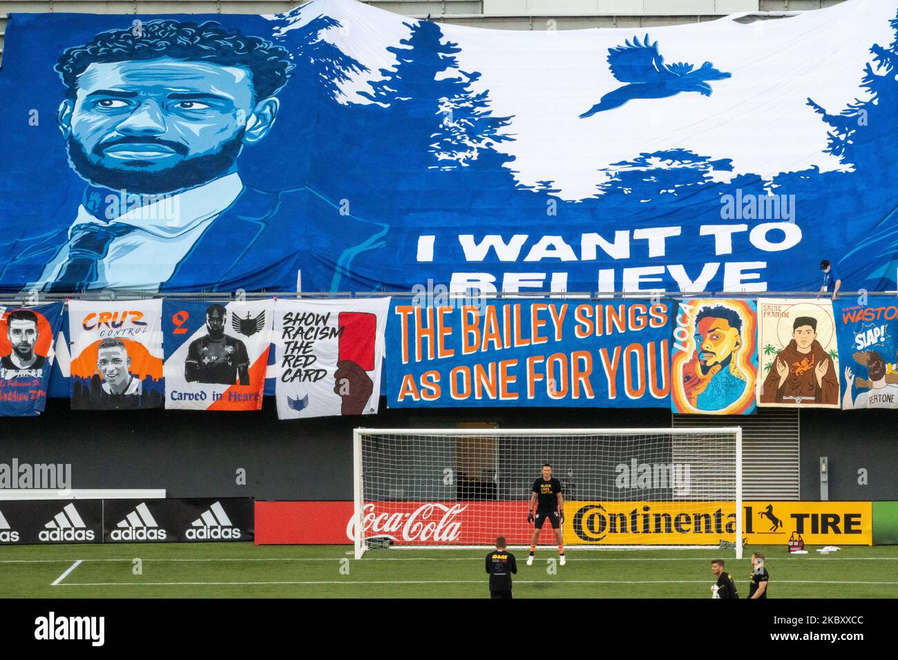 A handprinted tifo sits in the Bailey Section replacing fans during a MLS soccer match between FC Cincinnati and Columbus Crew that ended in a 0-0 draw at Nippert Stadium, Saturday, August 29th, 2020, in Cincinnati, OH. (Photo by Jason Whitman/NurPhoto) Stock Photo