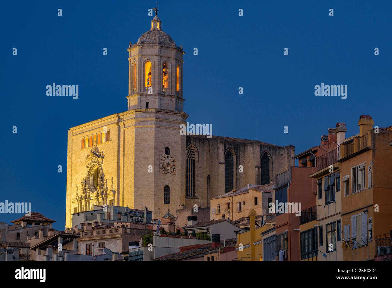 Girona Cathedral at blue hour and at night (Girona, Catalonia, Spain) ESP: Catedral de Gerona en la hora azul y de noche (Gerona, Cataluña, España) Stock Photo