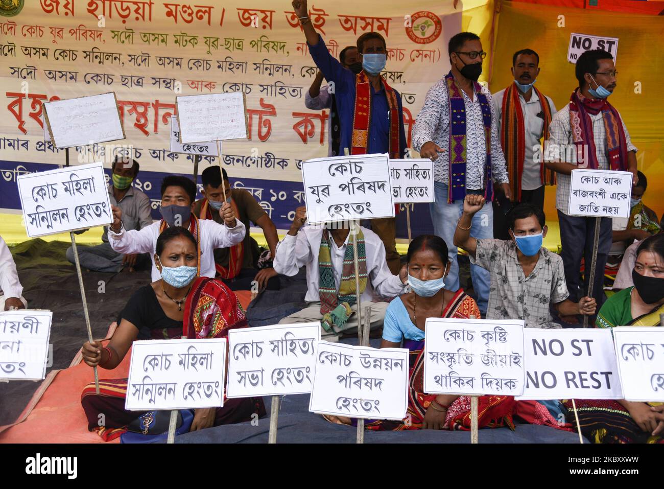 Activists of All Koch Yuva Parishad, All Assam Matak Yuba Satra Parishad and other organisation stage a protest demanding Scheduled Tribe (ST) status, in Guwahati, Assam, India on 31 August 2020. (Photo by David Talukdar/NurPhoto) Stock Photo