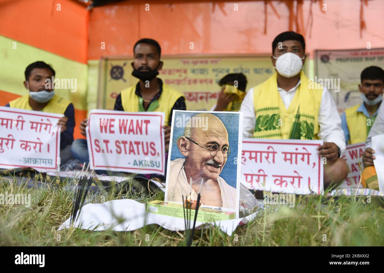 Activists of Koch-Rajbongshis stage a protest demanding for a separate state of Kamatapur and Scheduled Tribe (ST) status to the Koch-Rajbongshi community, in Guwahati, Assam, India on 31 August 2020. (Photo by David Talukdar/NurPhoto) Stock Photo