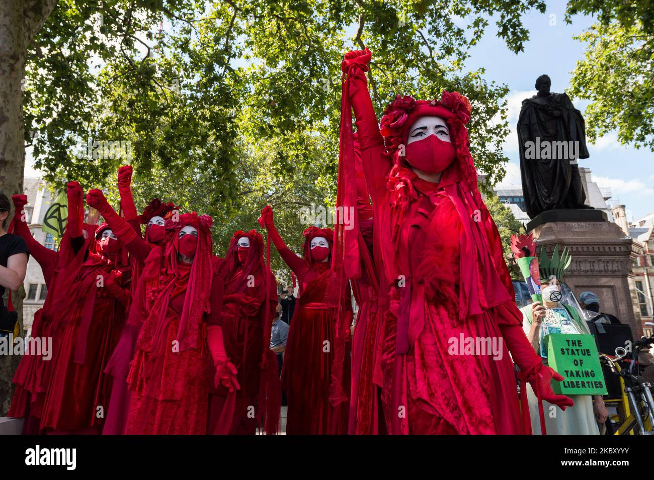 Members of the XR Red Brigade join environmental activists from Extinction Rebellion in Parliament Square on the first day of protest action in support of the Climate and Ecological Emergency Bill, as MPs return to the Commons after the summer recess on 01 September, 2020 in London, England. Extinction Rebellion plan to block streets in London, Manchester and Cardiff over 10 days as they call on MPs to support an innitiative for climate emergency bill, which would speed up the UK’s progress on reducing its carbon emissions, and hold a national citizens’ assembly on the crisis. (Photo by WIktor Stock Photo