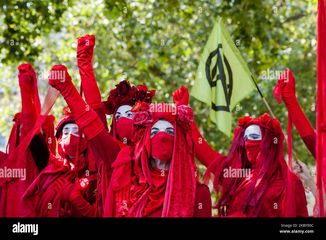 Members of the XR Red Brigade join environmental activists from Extinction Rebellion in Parliament Square on the first day of protest action in support of the Climate and Ecological Emergency Bill, as MPs return to the Commons after the summer recess on 01 September, 2020 in London, England. Extinction Rebellion plan to block streets in London, Manchester and Cardiff over 10 days as they call on MPs to support an innitiative for climate emergency bill, which would speed up the UK’s progress on reducing its carbon emissions, and hold a national citizens’ assembly on the crisis. (Photo by WIktor Stock Photo