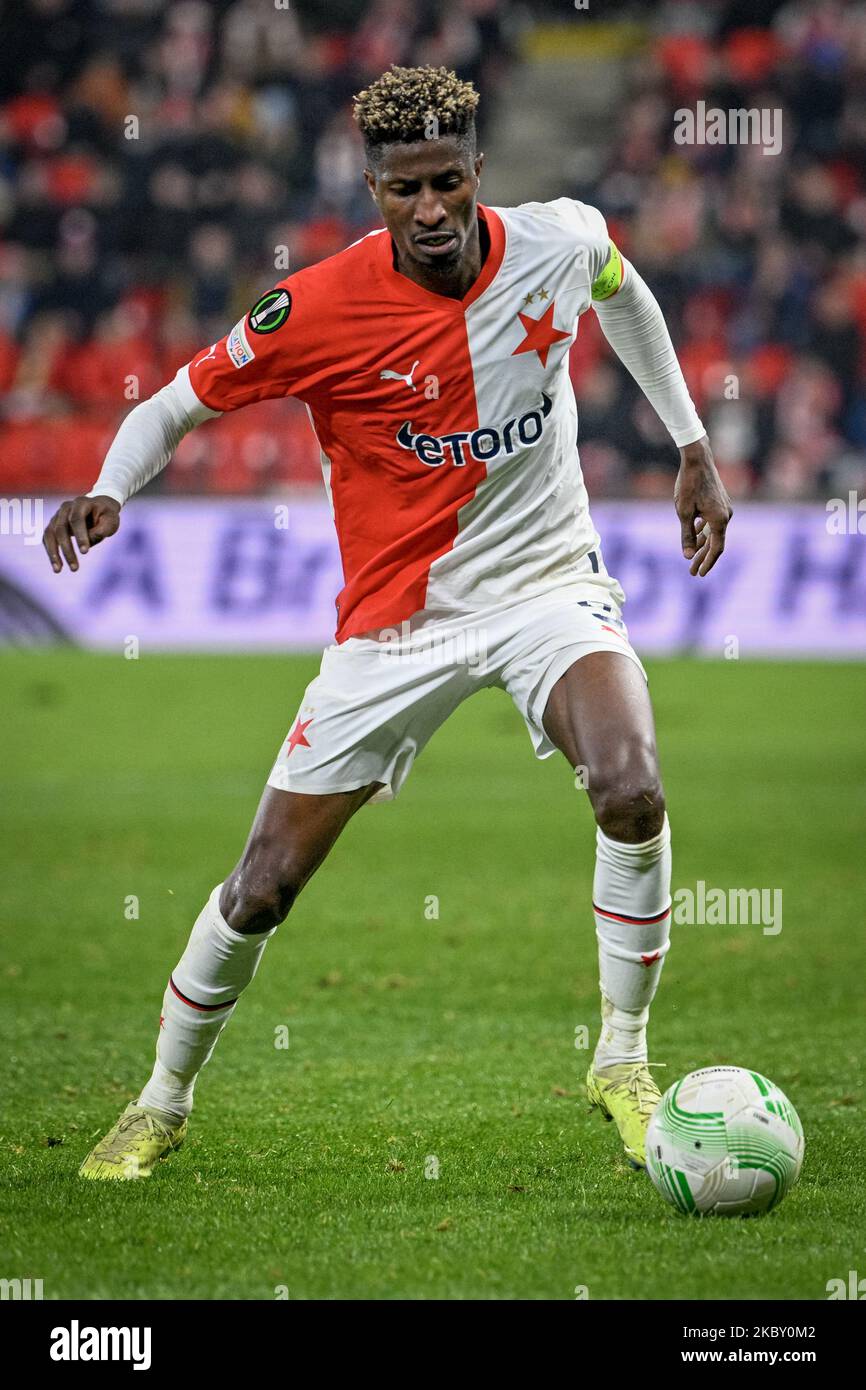 Peter Olayinka of Slavia in action during the Group G, 6th round soccer match of the European Conference League SK Slavia Praha vs Sivasspor, in Pragu Stock Photo