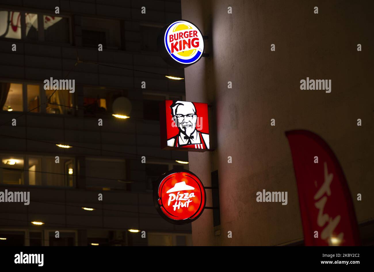 Burger King, KFC and Pizza Hut logos are seen on September 2, 2020 in Warsaw, Poland. (Photo by Aleksander Kalka/NurPhoto) Stock Photo