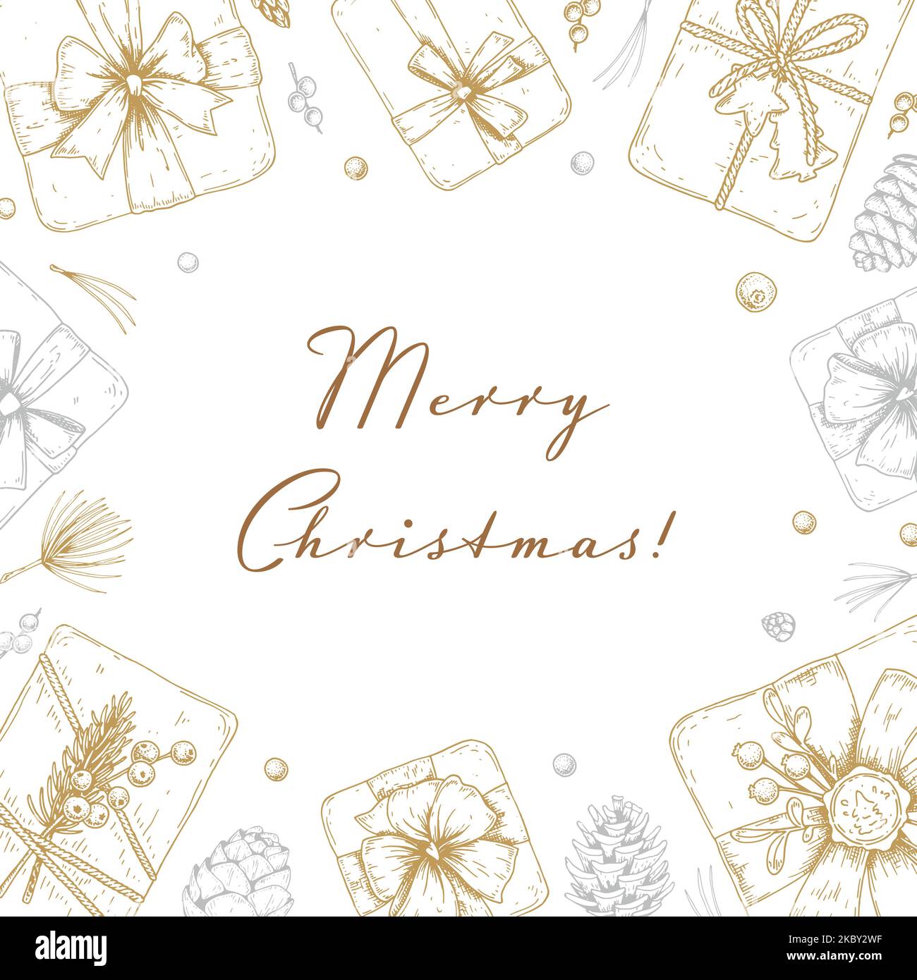 Merry Christmas and Happy New Year square greeting card with hand drawn ...