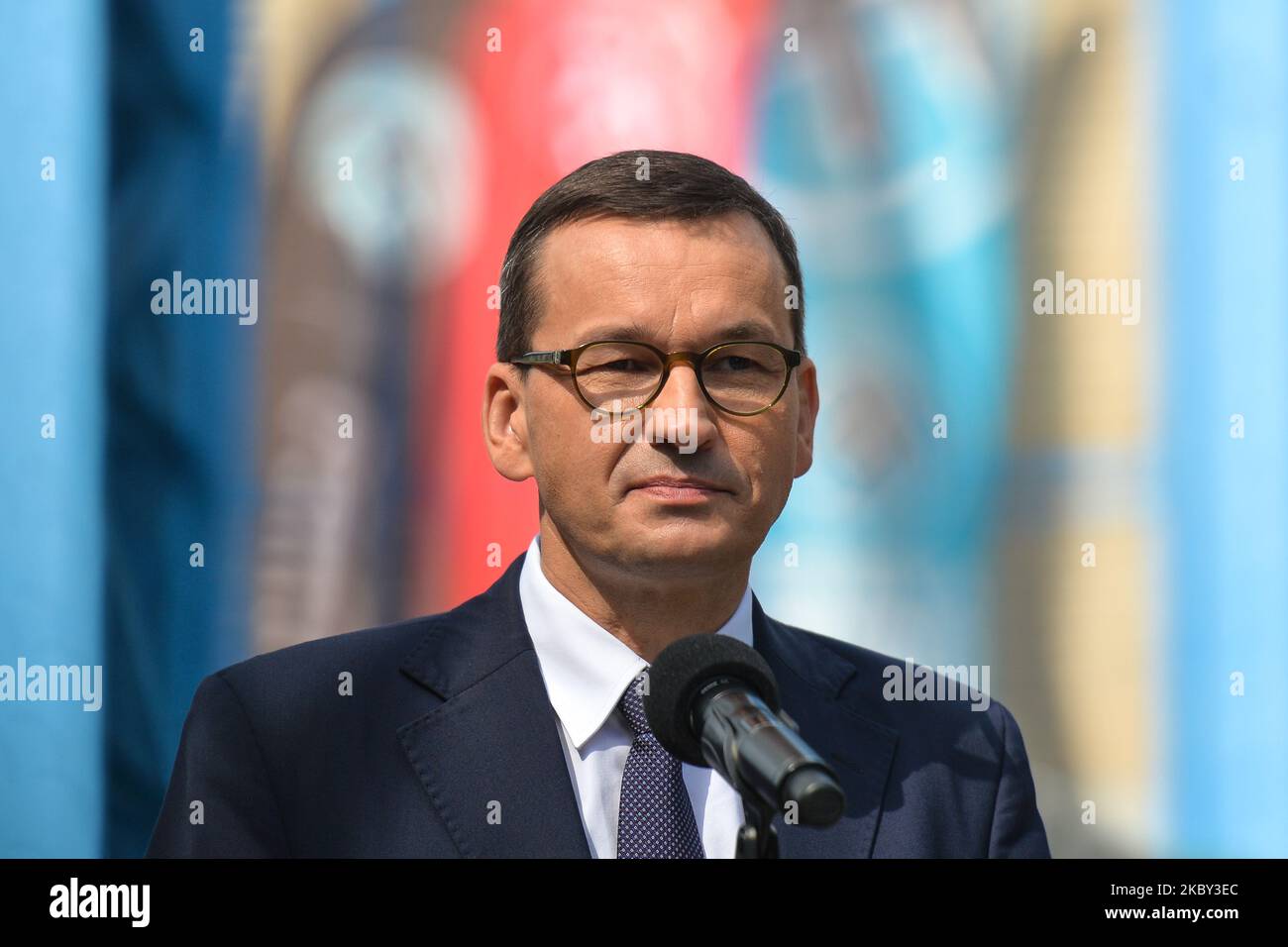 Prime Minister Mateusz Morawiecki speaks to media outside the historic Guido coal mine in Zabrze. In recent days, the Polish prime minister paid another visit to Silesia. This time the reason was the celebration of the 40th anniversary of the foundation of 'Solidarity', the first independent trade union in the former Soviet bloc. On Septemebr 3, 2020, in Zabrze, Silesian Voivodeship, Poland. (Photo by Artur Widak/NurPhoto) Stock Photo