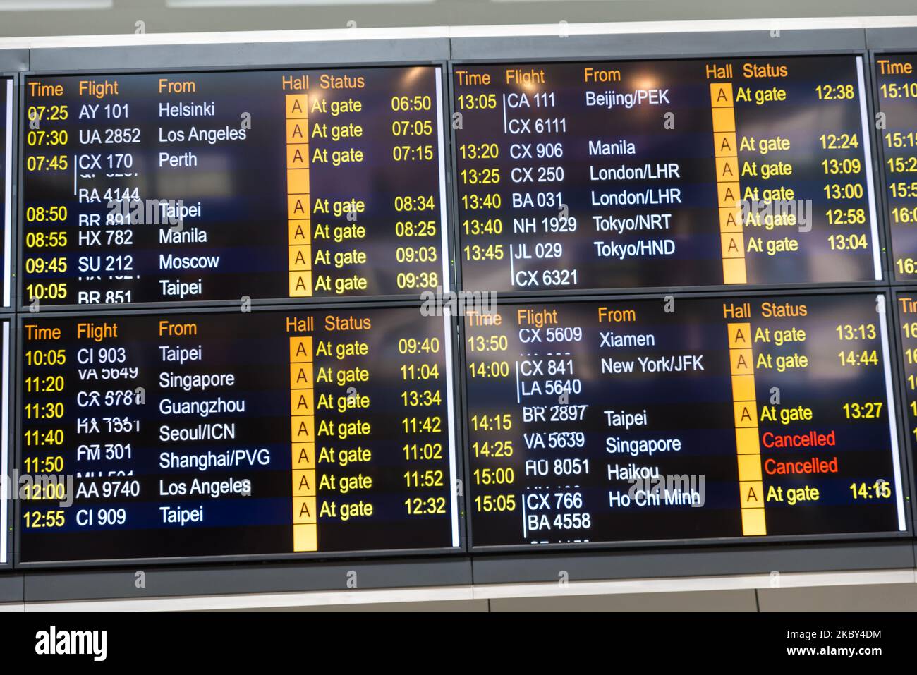 Arrival board in Hong Kong International Airport, China, on September 4, 2020. Once a hub of air travel in Asia, the pandemic has hit hard Hong Kong International airport, where air traffic is only a trickle of the pre-Covid times and where quarantine restrictions restrain residents from entering the city easily. Despite this, the service quality of Hong Kong airport's staff remains unparalleled, with very professional support to passengers, despite the minimalist settings. (Photo by Marc Fernandes/NurPhoto) Stock Photo